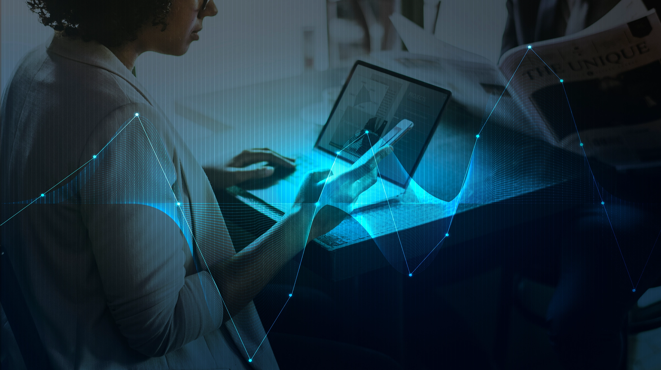 A digital dashboard displaying AI-powered fraud detection alerts, with researcher analyzing data.