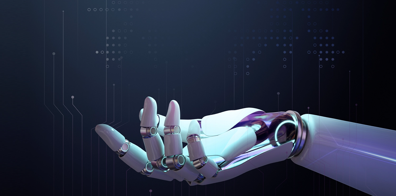 AI-powered robotic hand extending forward against a backdrop of coding and digital data